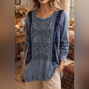 Soft Surroundings Embroidered Velvet Panel Tunic Blue Boho Top Size Petite XL
